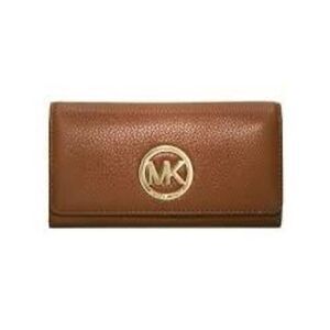 Michael Kors Fulton Carryall Leather Wallet Camel Brown Gold Hardware Classic